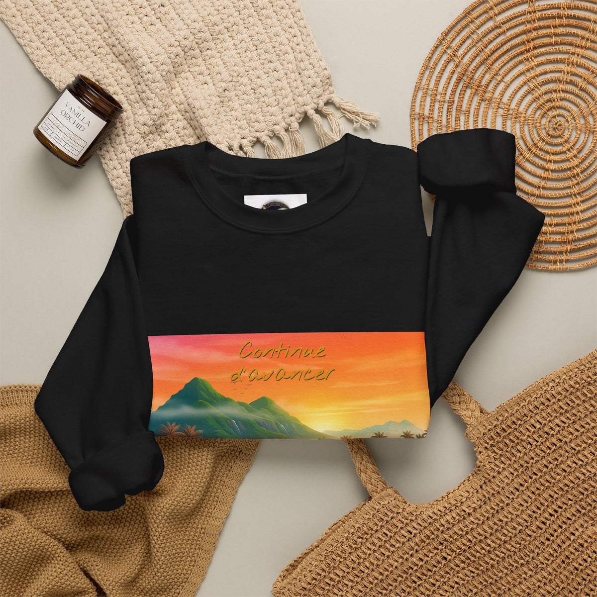 Tropical Sunset Crewneck Sweatshirt — Canoe on Calm Water Scenic Print