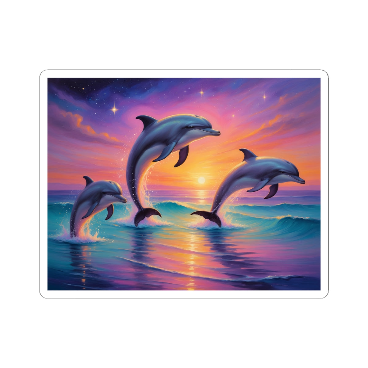 Dolphin Sunset Kiss-Cut Sticker — Vibrant Ocean Sunset Dolphin Decal