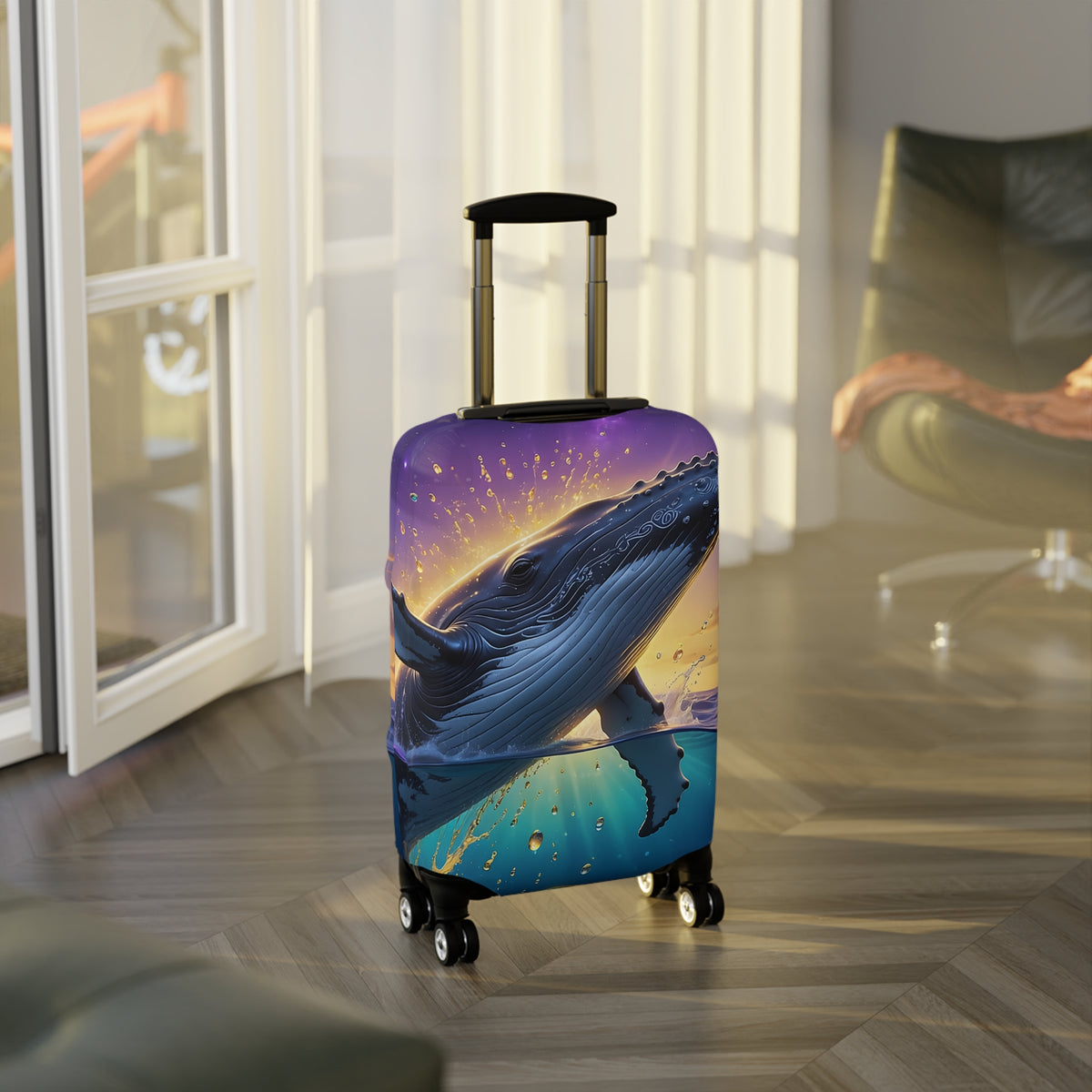 Whale Sunset Luggage Cover — Vibrant Ocean Whale Print Travel Protector