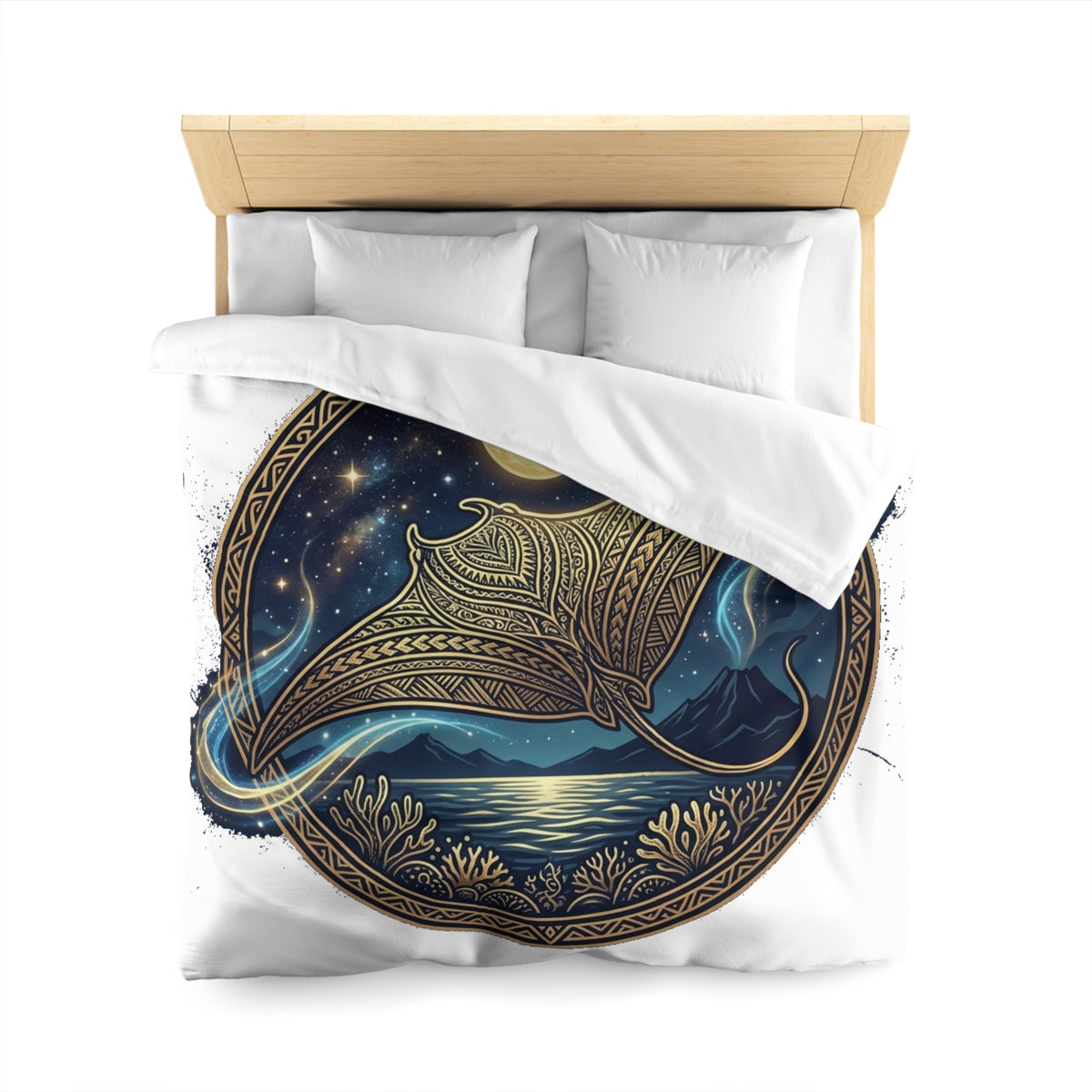 Celestial Manta Ray Duvet Cover — Nautical Moonlight Ocean Bedding