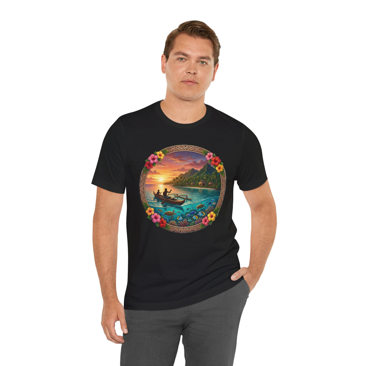 Sunset Island Graphic Tee — Tropical Beach Circle Design