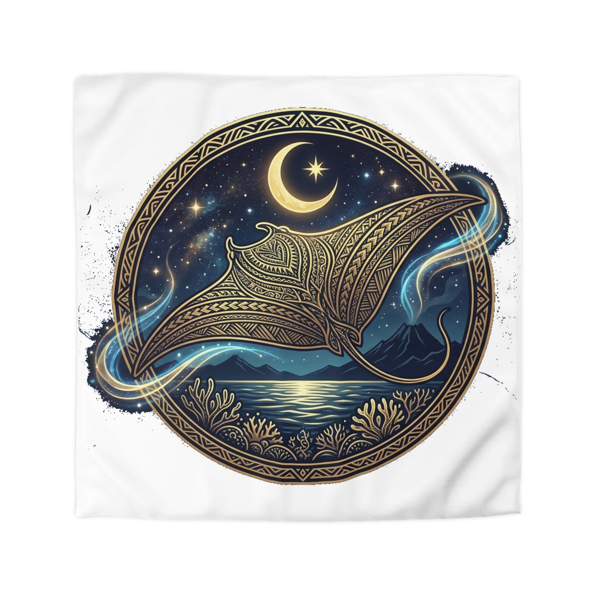 Celestial Manta Ray Duvet Cover — Nautical Moonlight Ocean Bedding