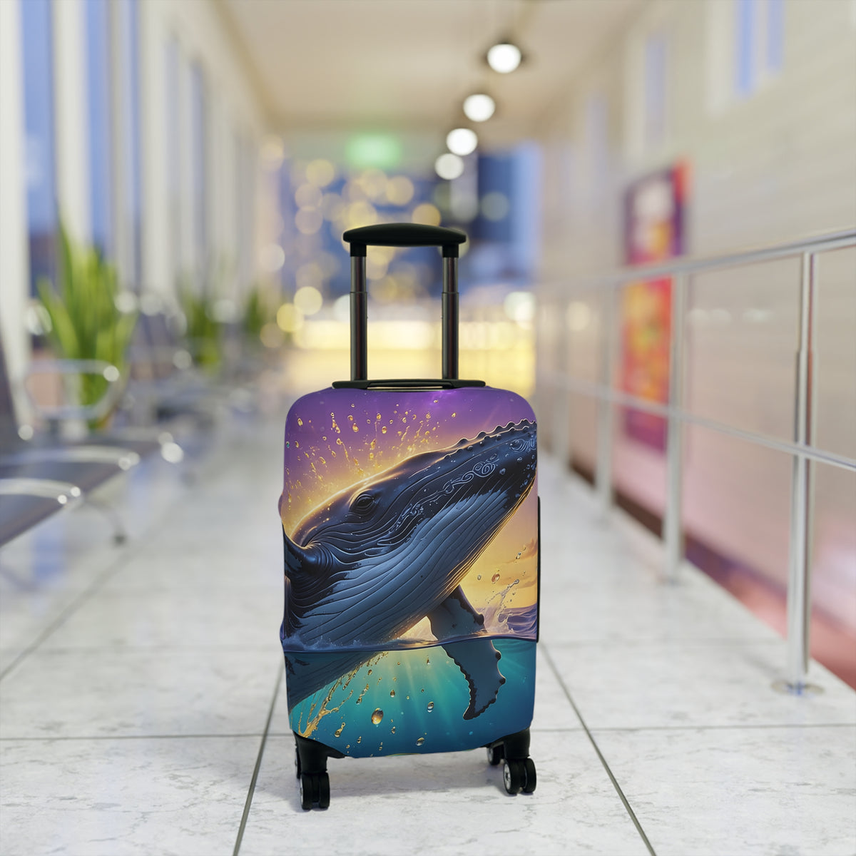 Whale Sunset Luggage Cover — Vibrant Ocean Whale Print Travel Protector