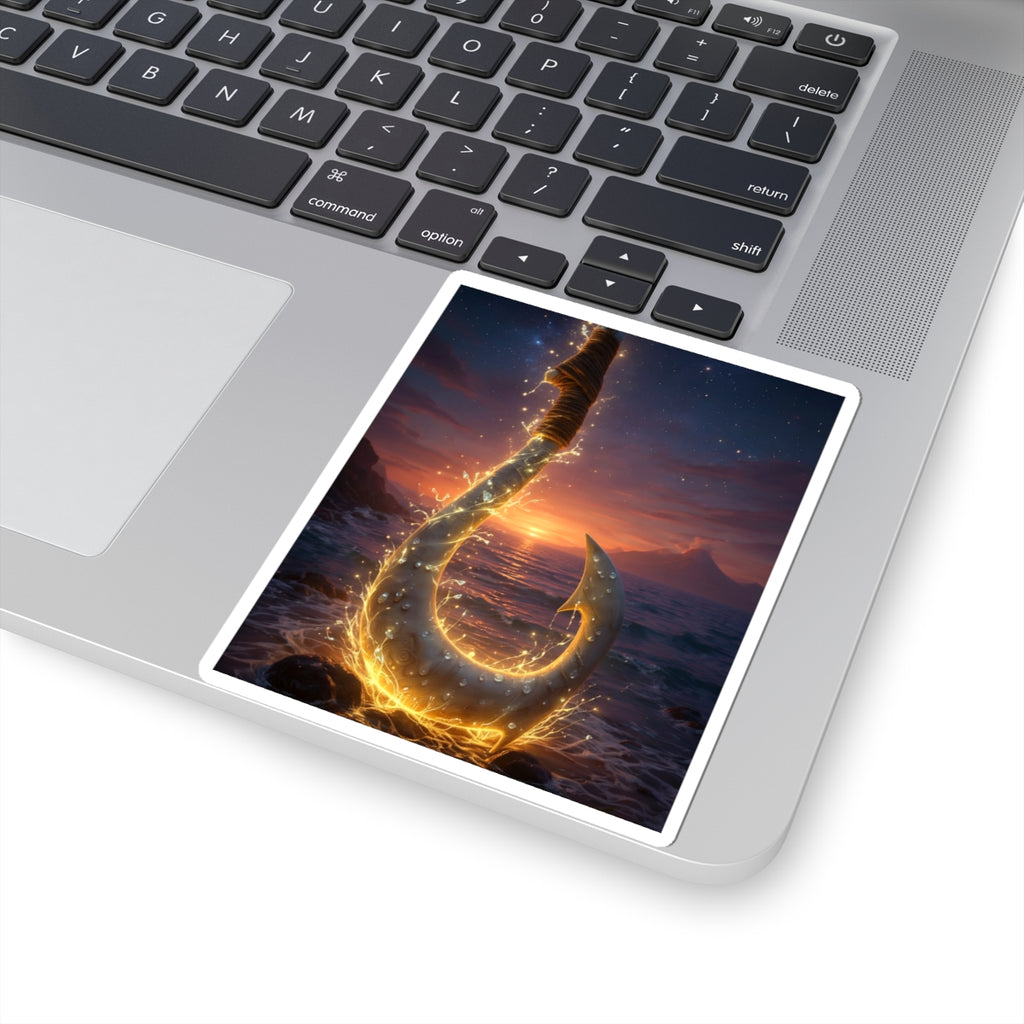 Golden Fishing Hook Sticker — Glowing Ocean Sunset Kiss-Cut Decal