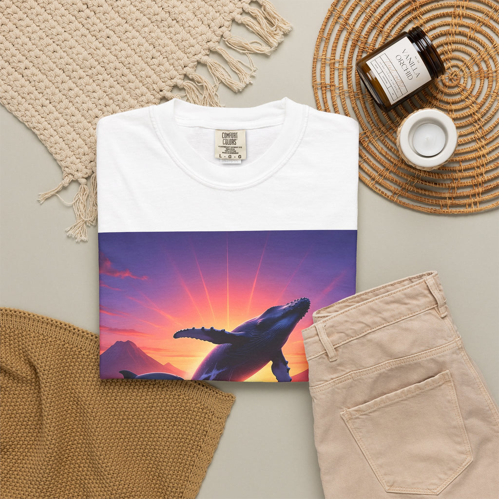 Sunset Whale & Dolphins T-Shirt — Vintage Ocean Sunset Graphic Tee
