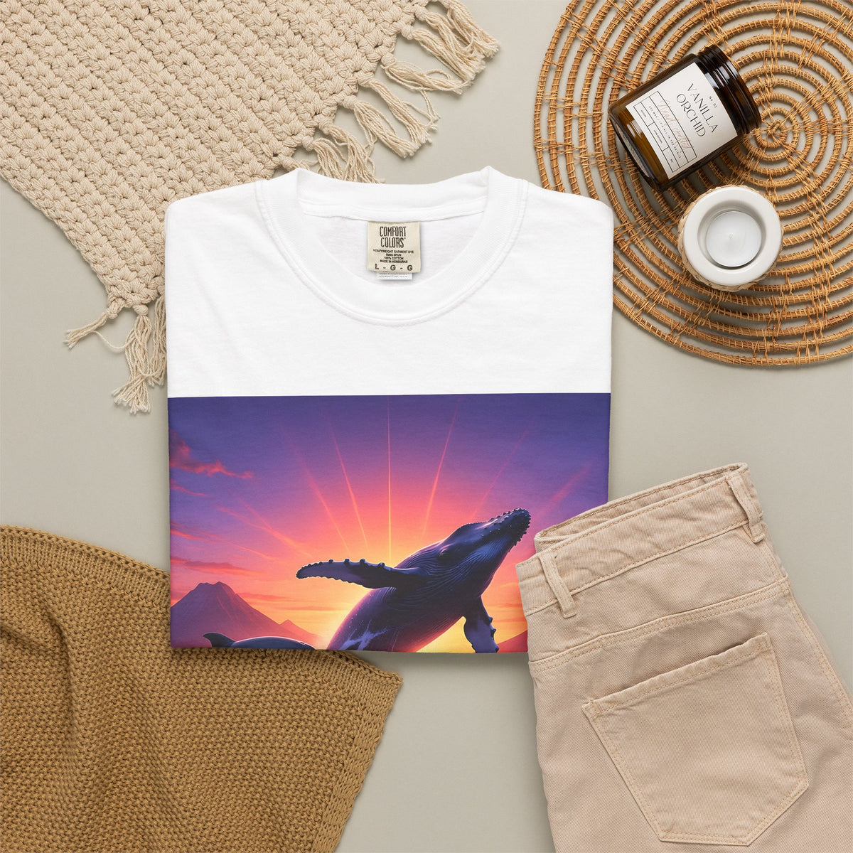 Sunset Whale & Dolphins T-Shirt — Vintage Ocean Sunset Graphic Tee