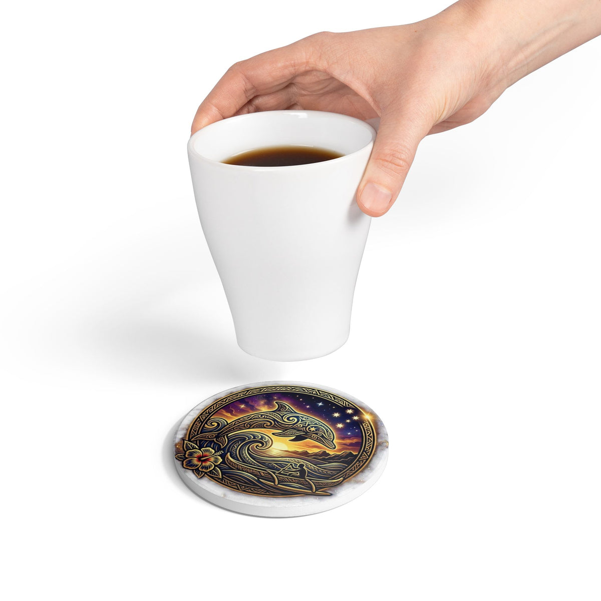 Dolphin Sunset Ceramic Coaster – Nautical Tribal Dolphin Drink Coaster