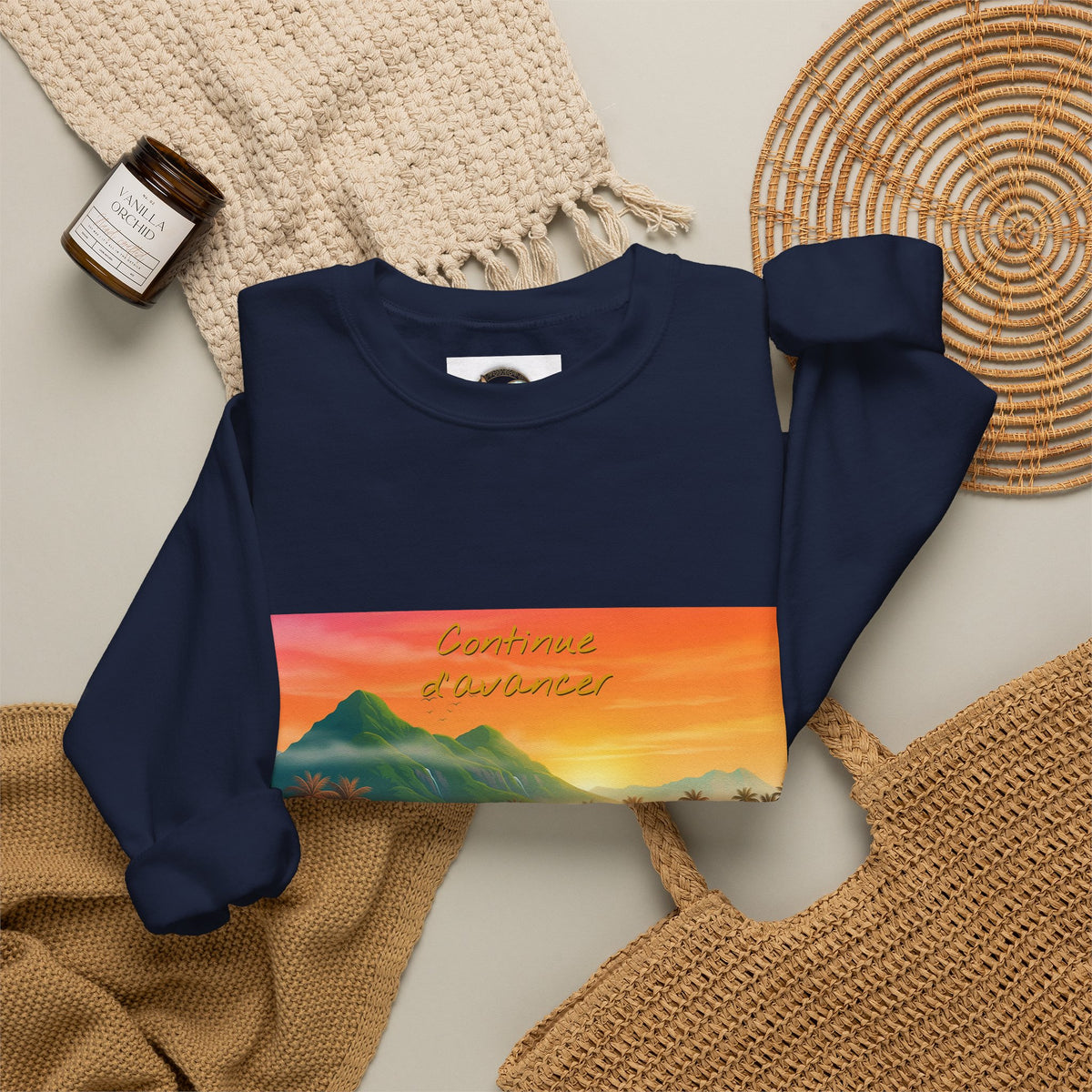 Tropical Sunset Crewneck Sweatshirt — Canoe on Calm Water Scenic Print