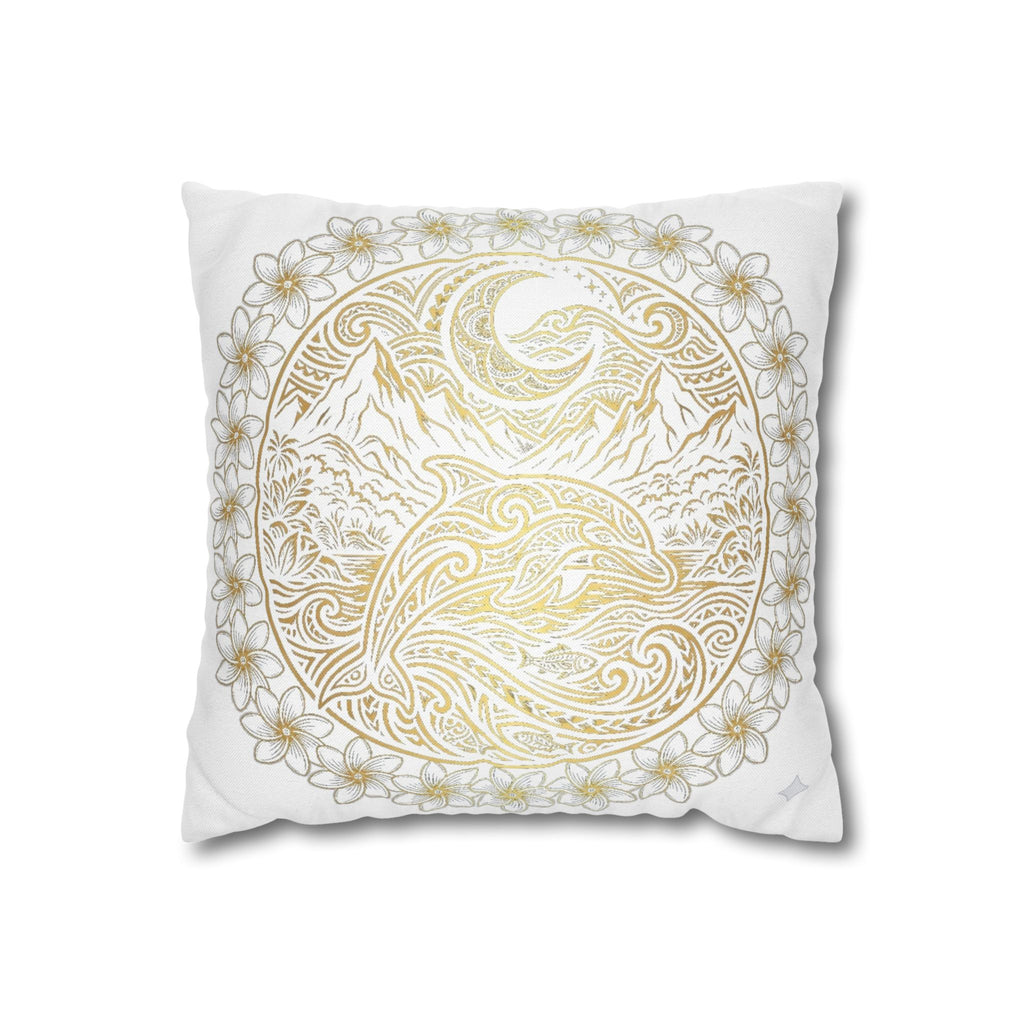 Golden Dolphin Sunrise Decorative Pillowcase — Boho Floral Square Cushion Cover