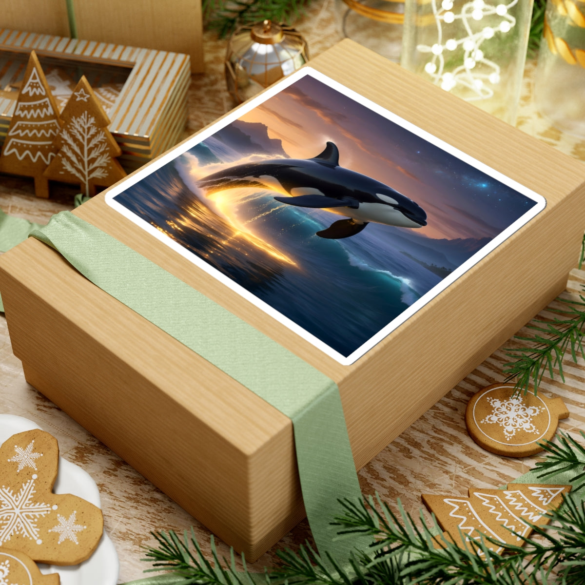 Orca Sunset Sticker — Kiss-Cut Whale Laptop Decal