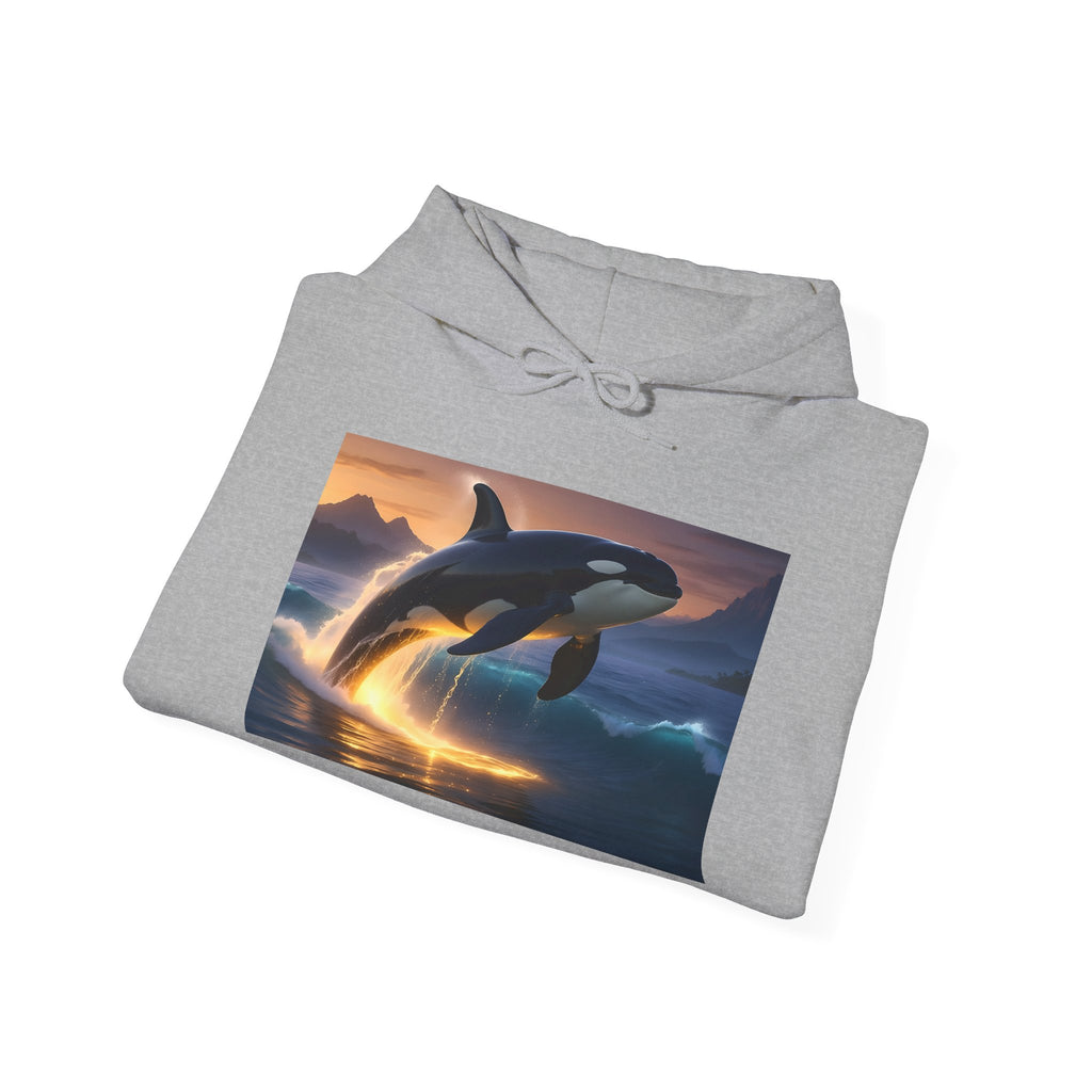 Orca Sunset Hoodie — Majestic Whale Jump Graphic Sweatshirt