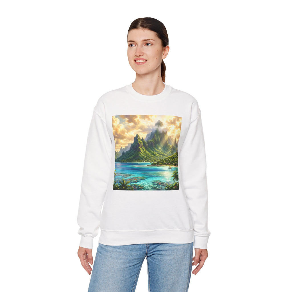 Tropical Island Crewneck Sweatshirt — Scenic Beach Landscape Pullover
