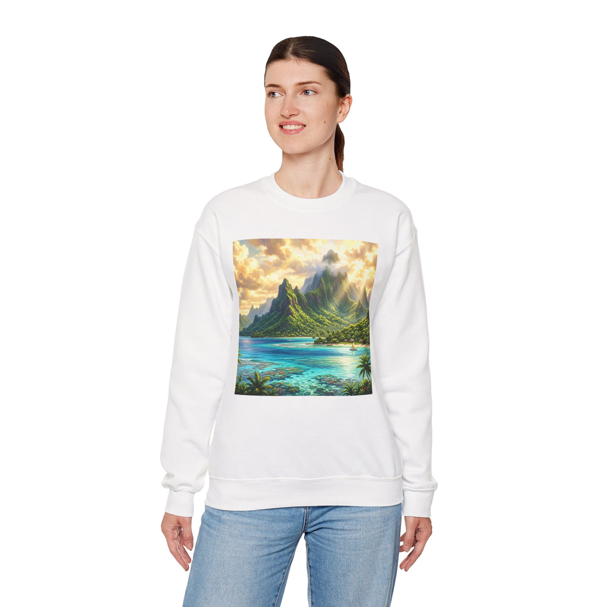 Tropical Island Crewneck Sweatshirt — Scenic Beach Landscape Pullover