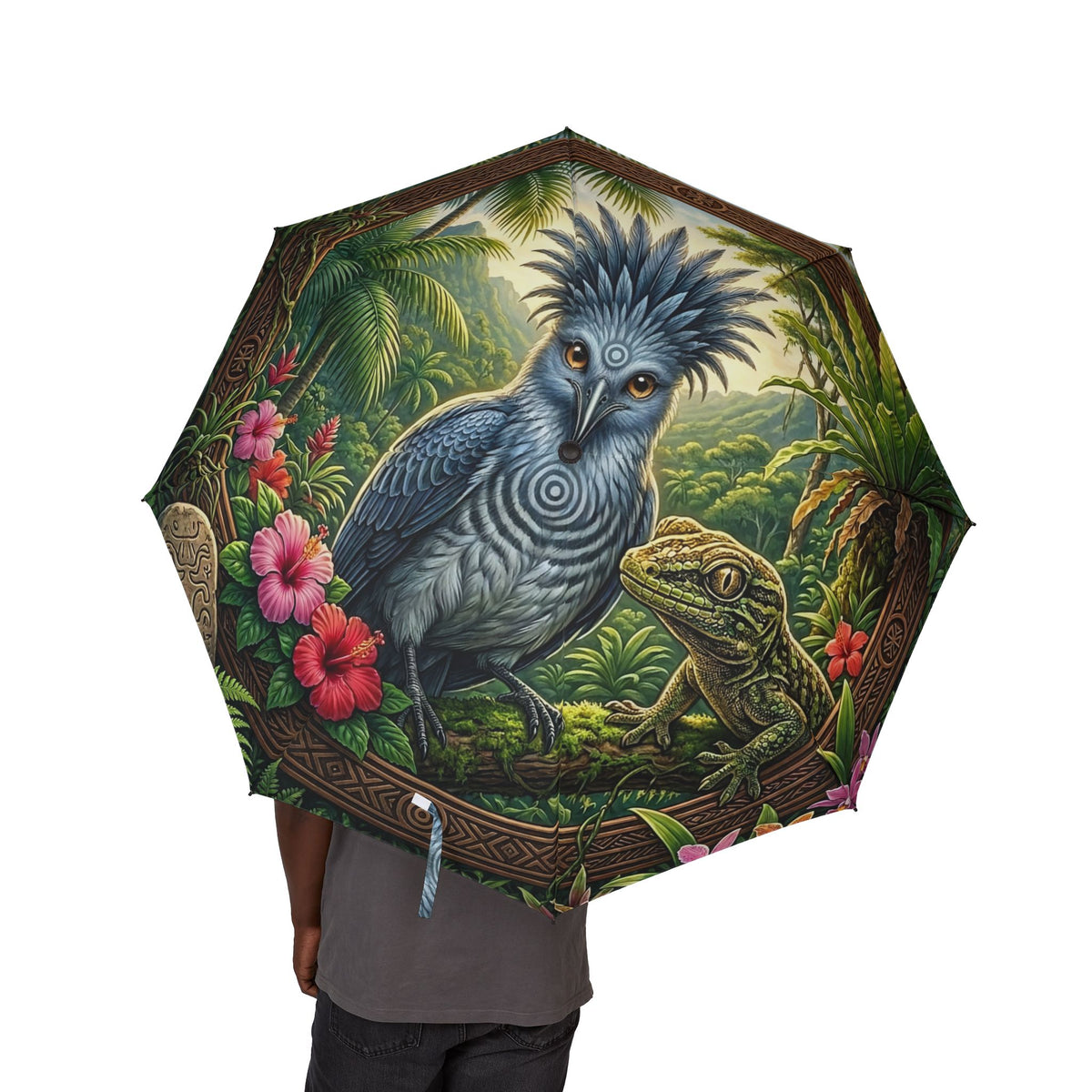Tropical Bird Compact Umbrella — Foldable Semi‑Automatic Rain Umbrella with Exotic Parrot & Hibiscus Design