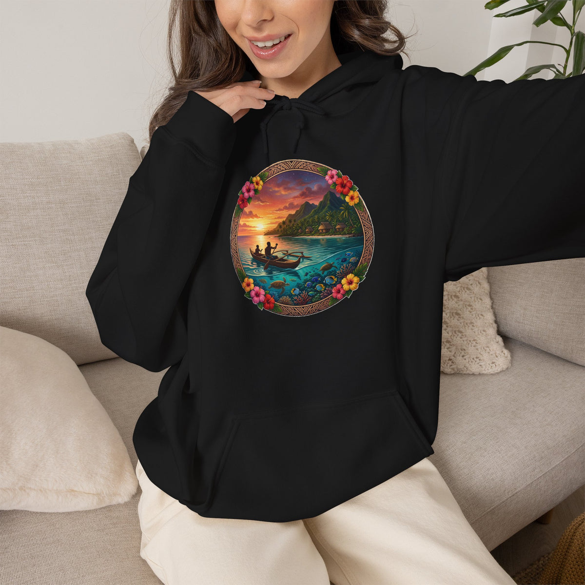 Sunset Surf Hoodie — Tropical Beach Circle Graphic Sweatshirt