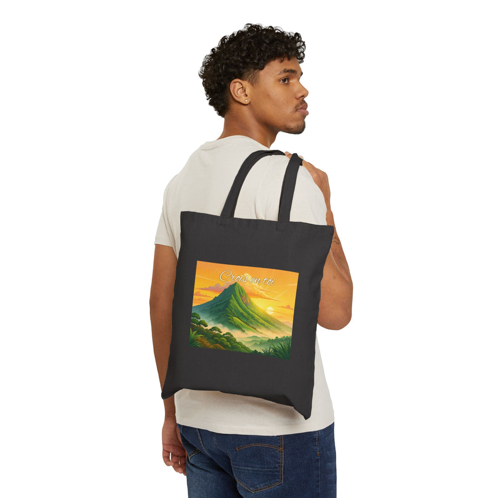 Mountain Sunrise Tote Bag — Canvas Eco Shopper with 'Good Morning' Landscape Art