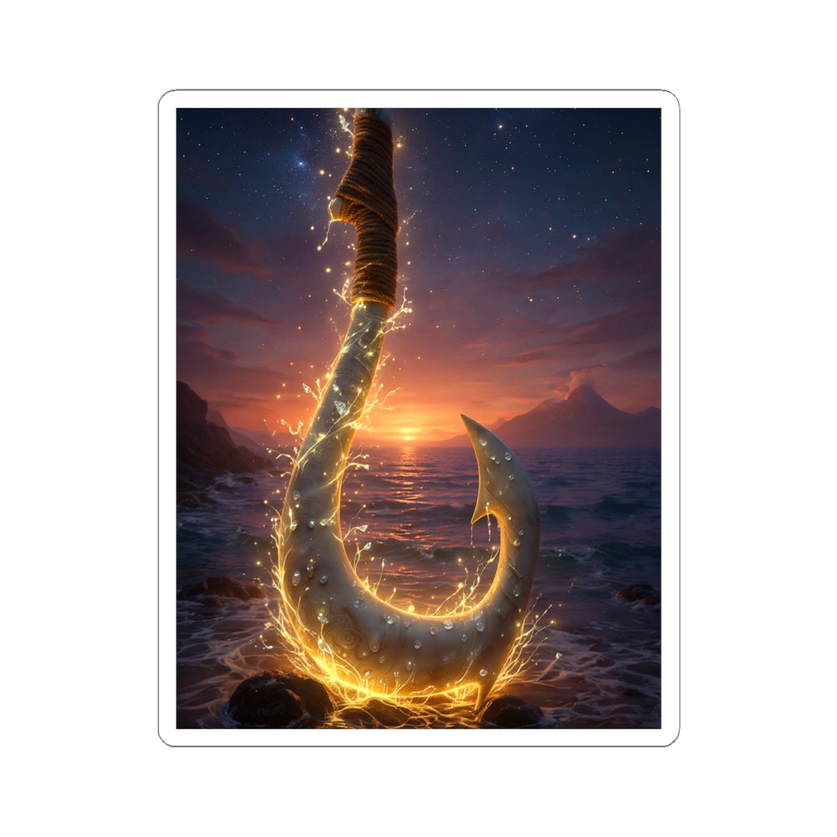 Golden Fishing Hook Sticker — Glowing Ocean Sunset Kiss-Cut Decal