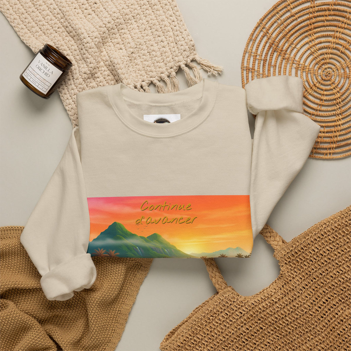 Tropical Sunset Crewneck Sweatshirt — Canoe on Calm Water Scenic Print