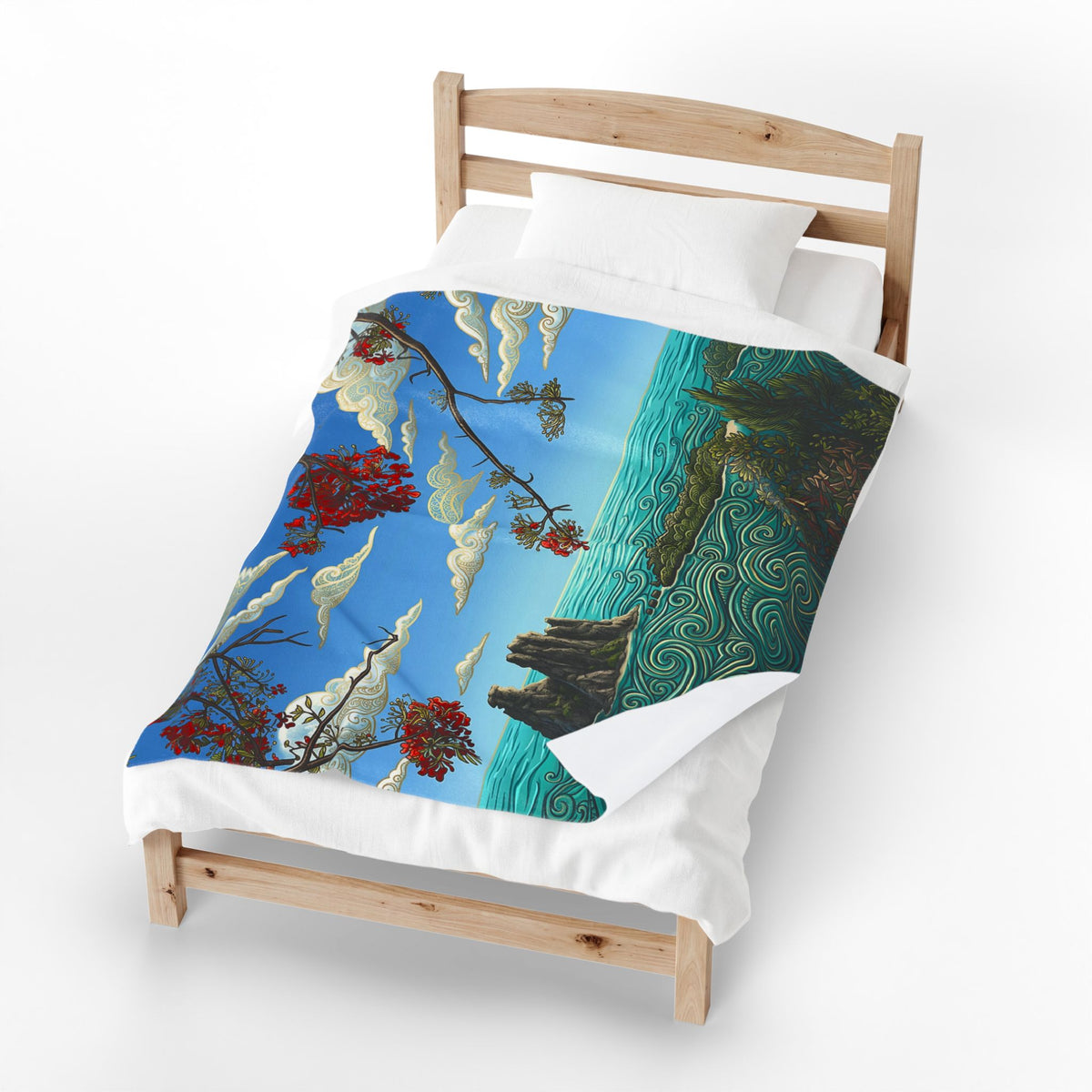 Velveteen Plush Blanket — Tranquil Coastal Art Throw with Floral & Swirling Ocean Design