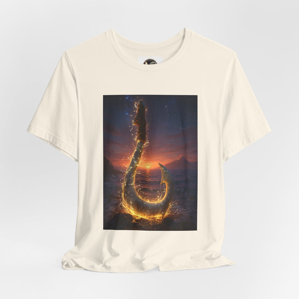 Fiery Hook Graphic Tee — Flaming Fishing Hook Sunset T-Shirt