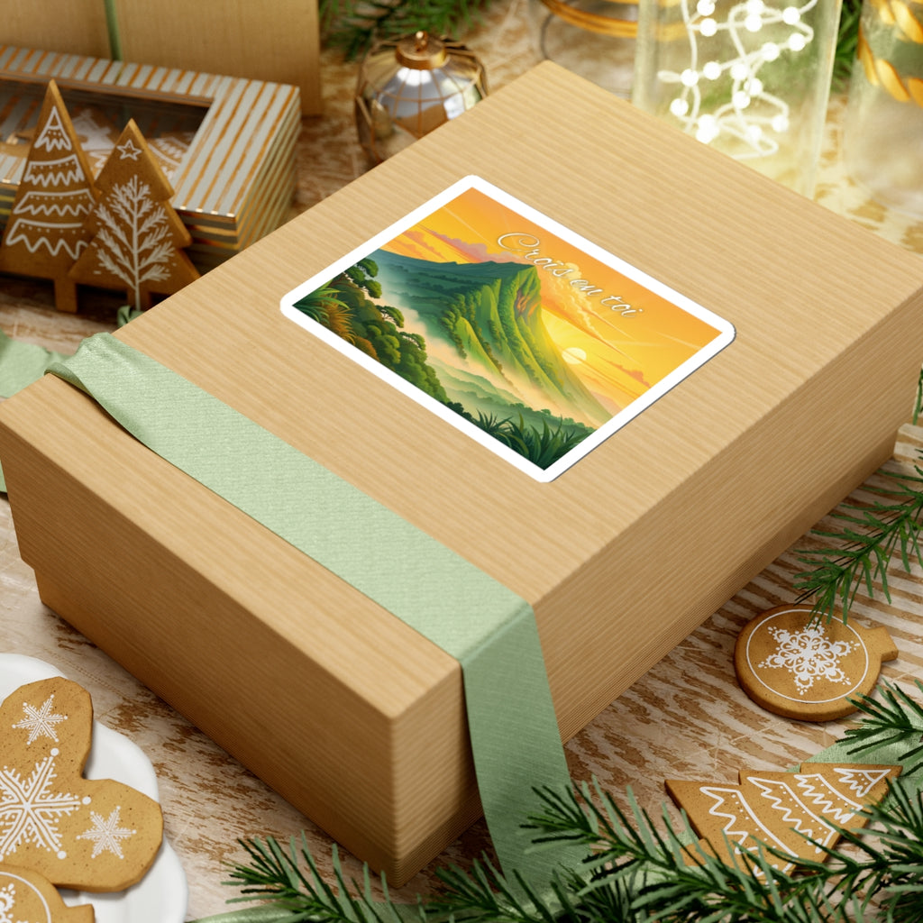 Inspirational Mountain Sunset Sticker — "Crois en toi" Motivational Kiss-Cut Sticker