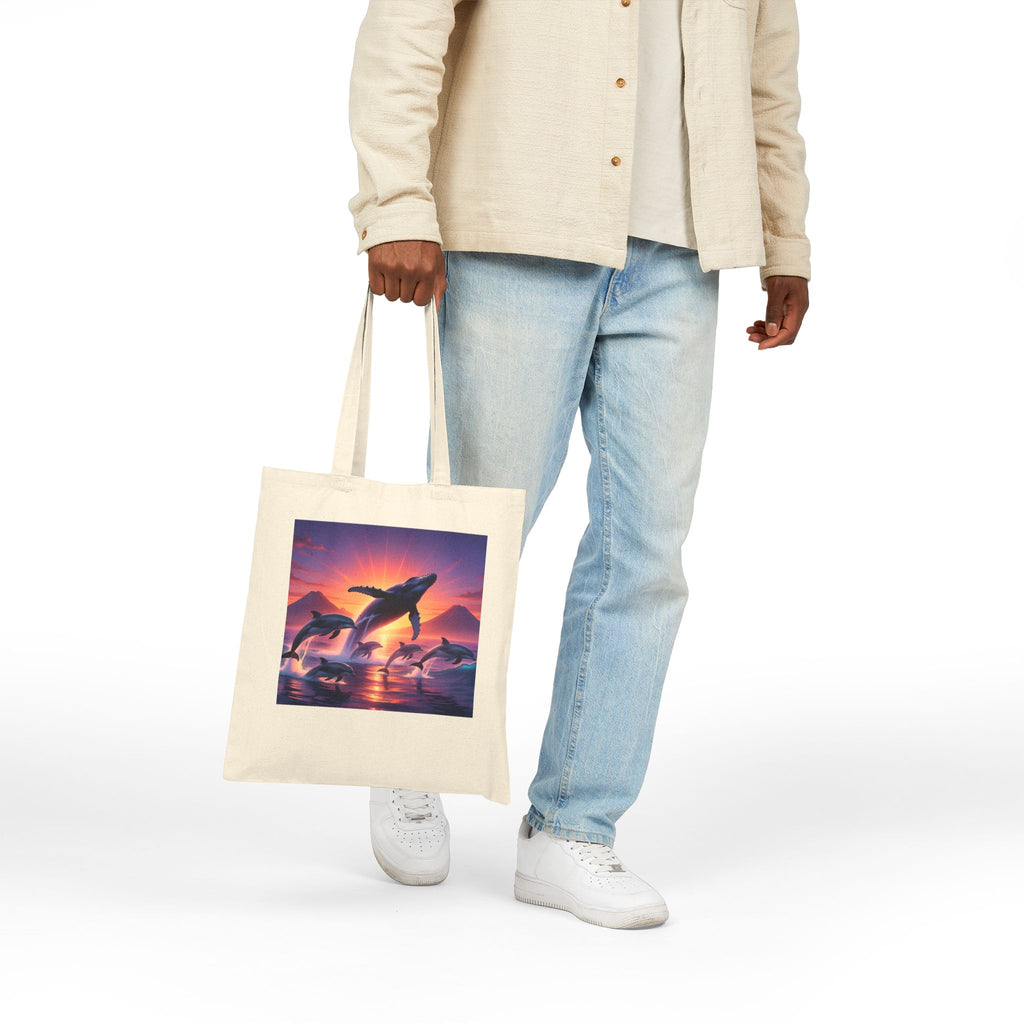 Whales at Sunset Canvas Tote Bag — Ocean Dolphin Sunset Beach Reusable Shopper