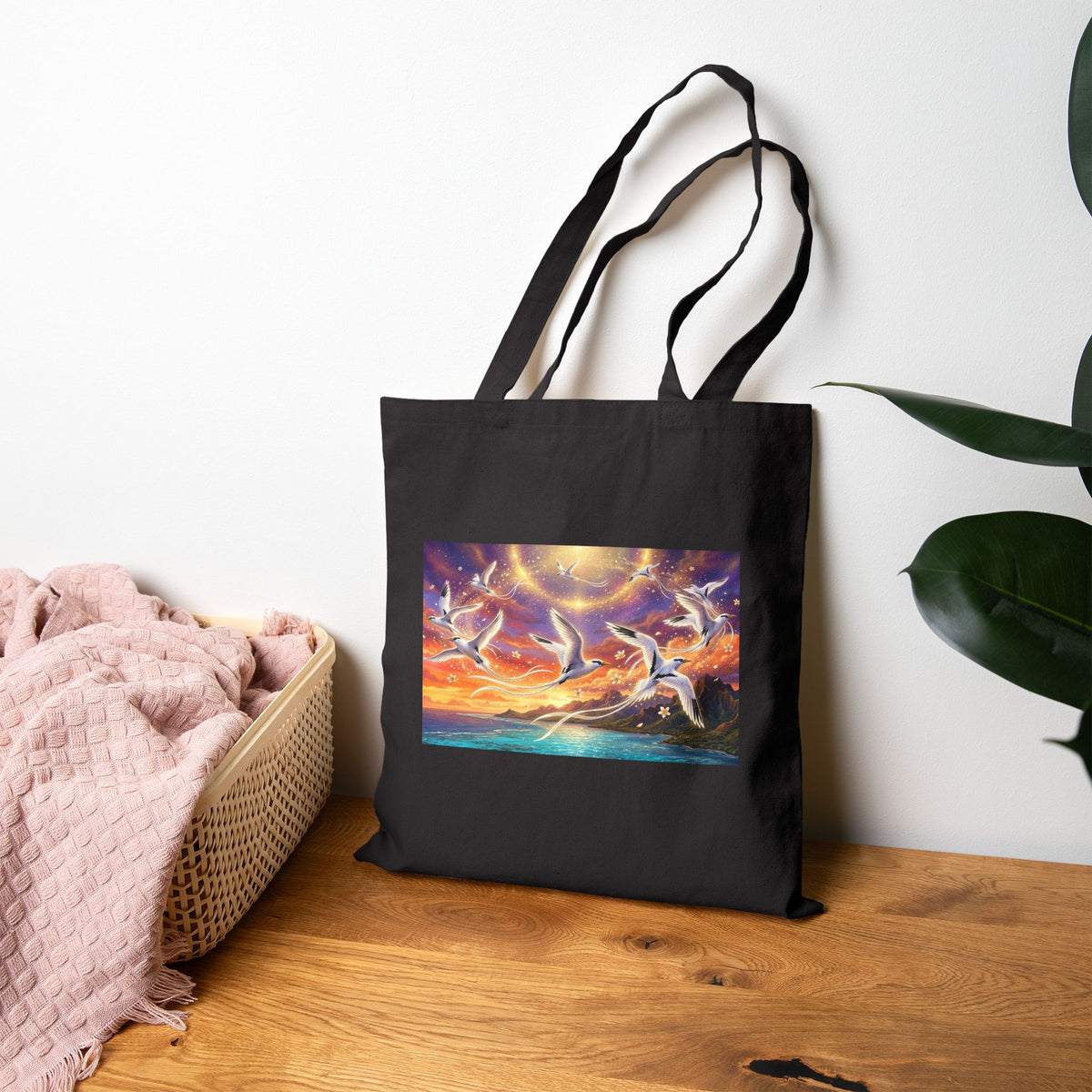 Canvas Tote Bag — Sunset Dolphins Art Print Eco Shopper