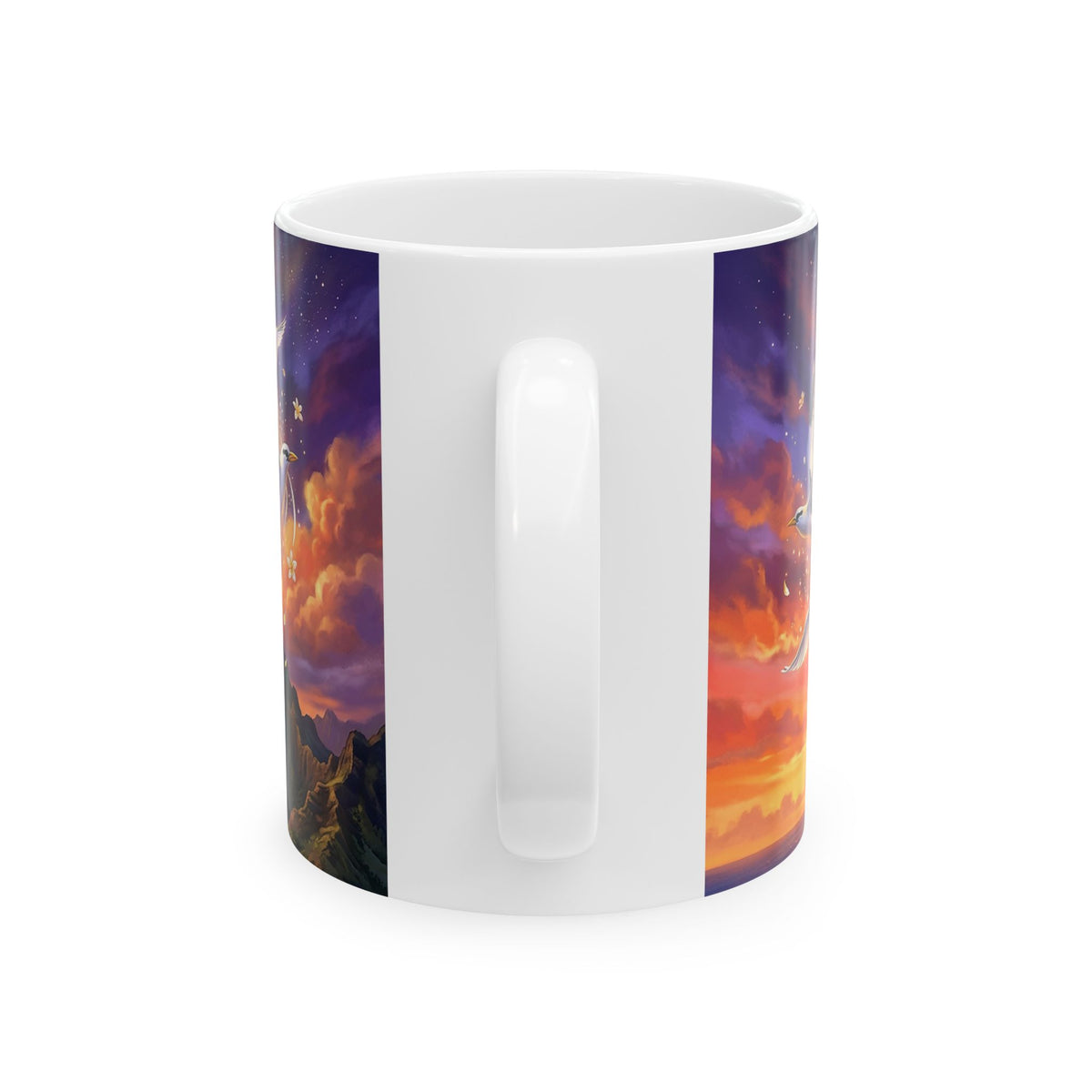 Seagull Sunset Ceramic Mug — Whimsical Ocean Sunset Art (11oz, 15oz)