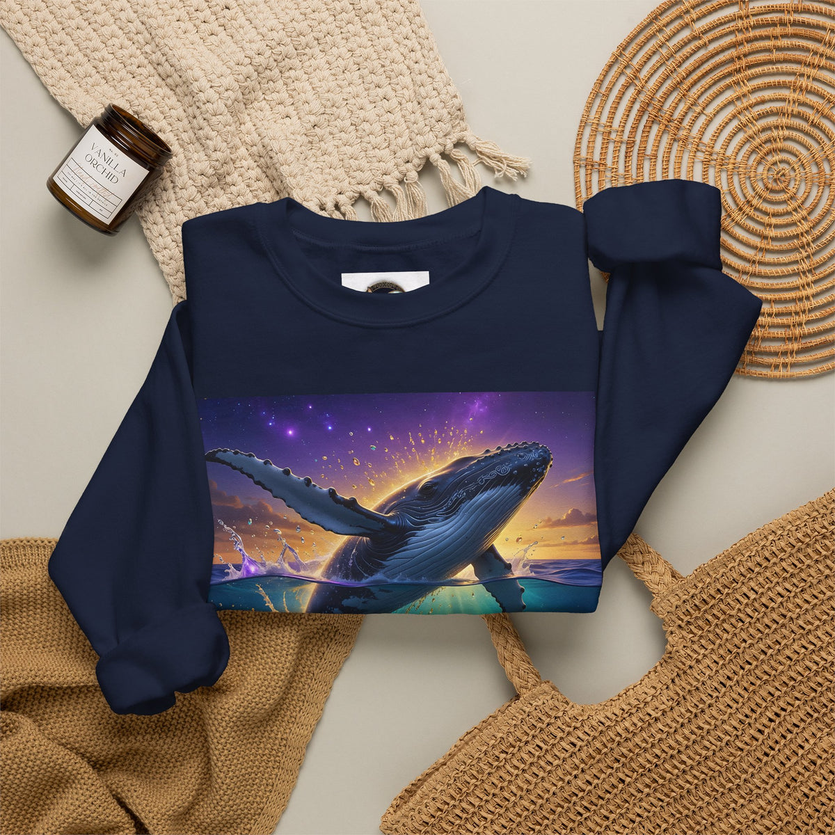 Whale Dreamscape Crewneck Sweatshirt — Cosmic Ocean Sunset Graphic