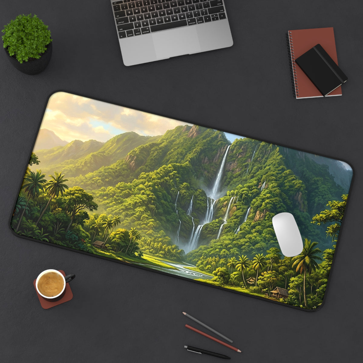 Tropical Waterfall Desk Mat — Lush Mountain Landscape Mouse Pad