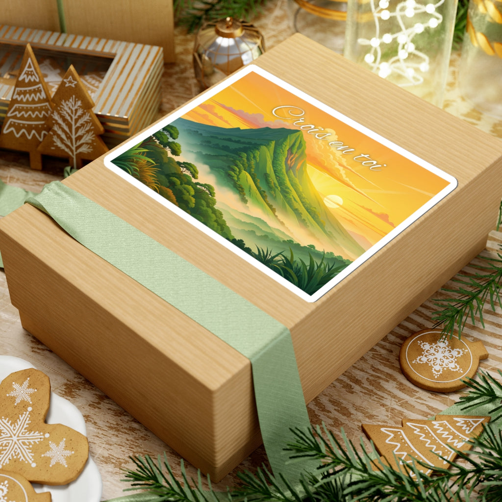 Inspirational Mountain Sunset Sticker — "Crois en toi" Motivational Kiss-Cut Sticker