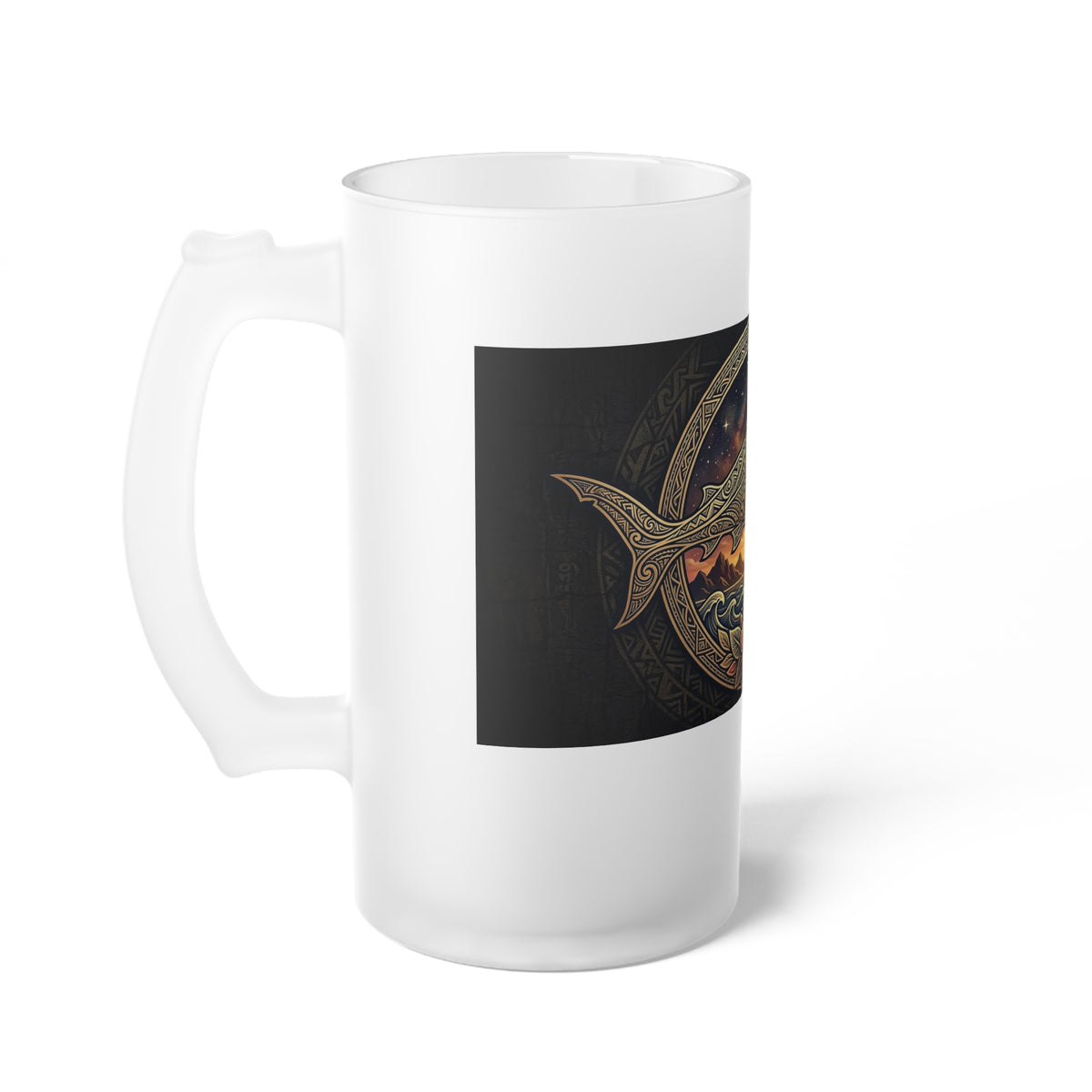 Frosted Glass Beer Mug — Nautical Celtic Whale Sunrise Design