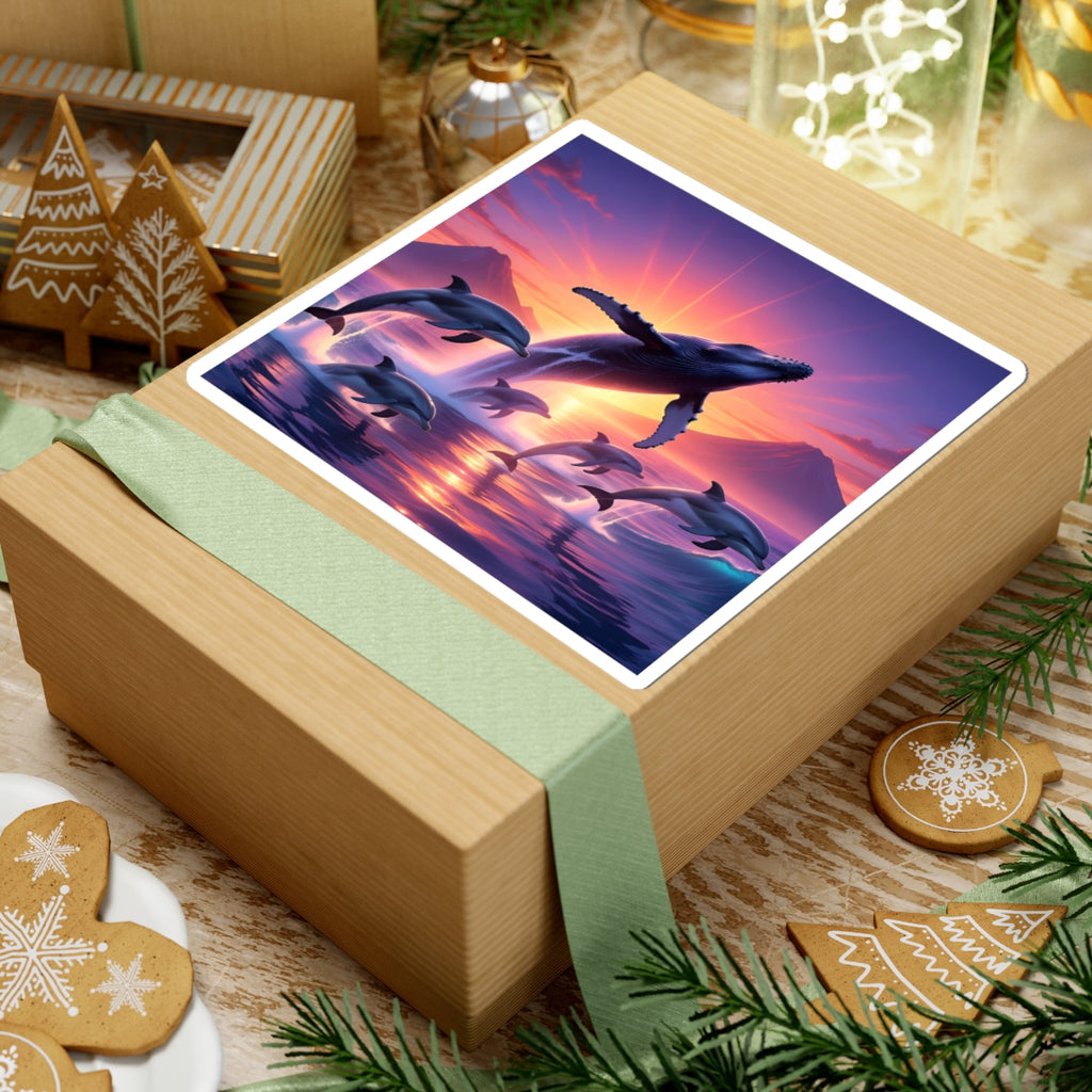 Whale & Dolphin Sunset Sticker — Ocean Sunrise Kiss-Cut Decal for Laptops & Water Bottles