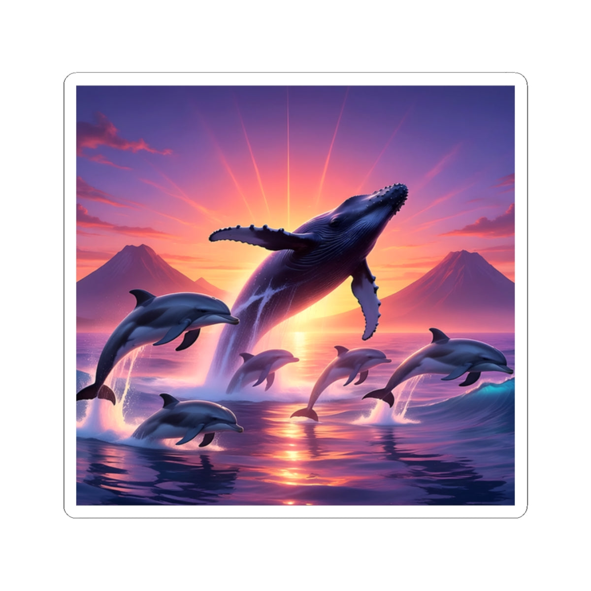 Whale & Dolphin Sunset Sticker — Ocean Sunrise Kiss-Cut Decal for Laptops & Water Bottles