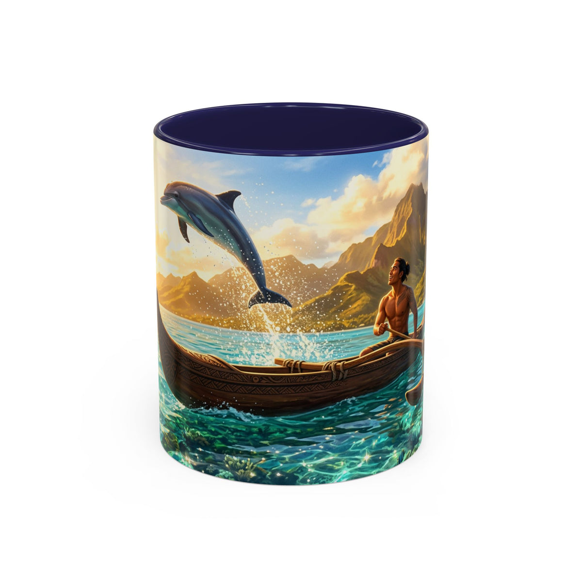 Taza de café Canua Tropical — Taza escénica con delfines y amanecer en el océano (11/15oz)