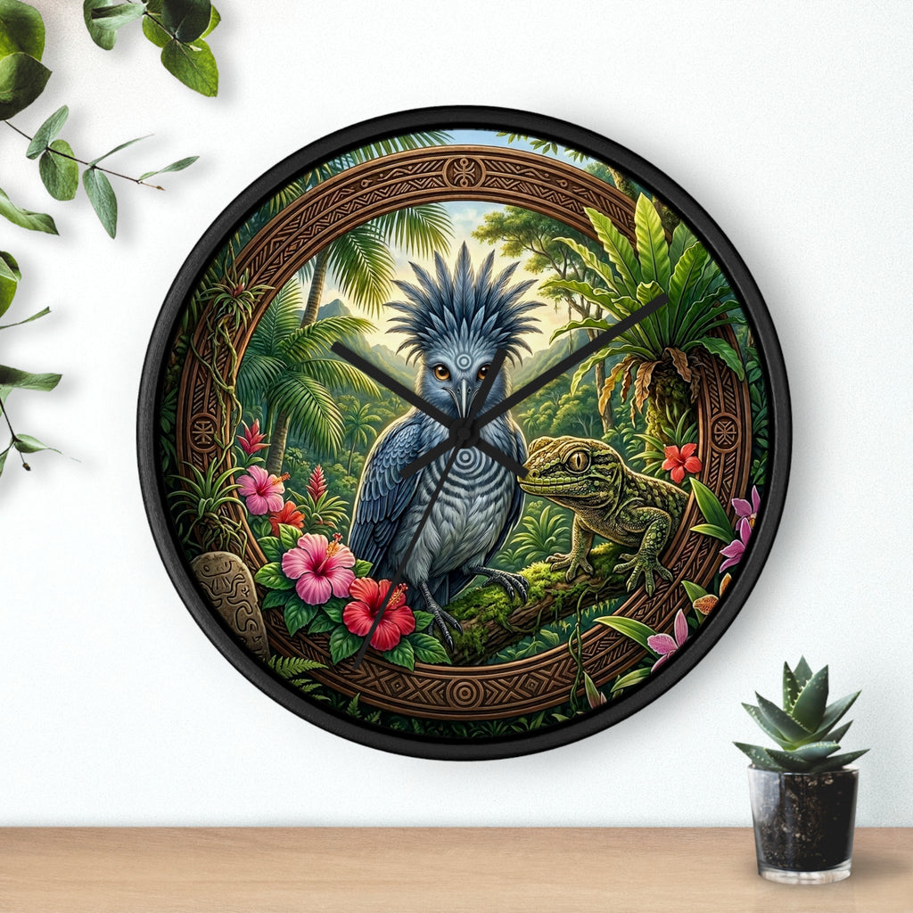Tropical Bird Wall Clock — Blue Palm Cockatoo & Lizard Jungle Decor