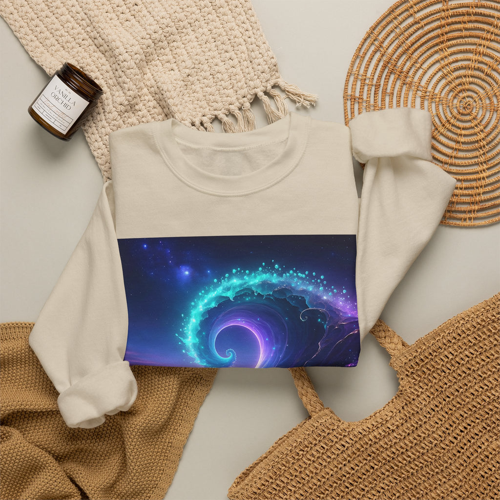 Cosmic Wave Crewneck Sweatshirt — Galaxy Spiral Graphic