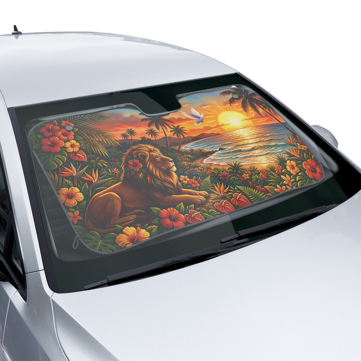 Lion Sunset Beach Car Sun Shade — Tropical Auto Windshield Protector