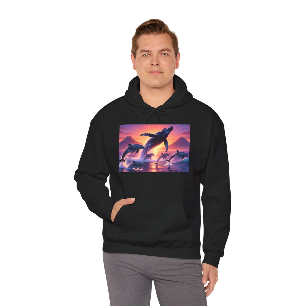 Dolphin Sunset Hoodie — Majestic Jump Ocean Graphic Sweatshirt