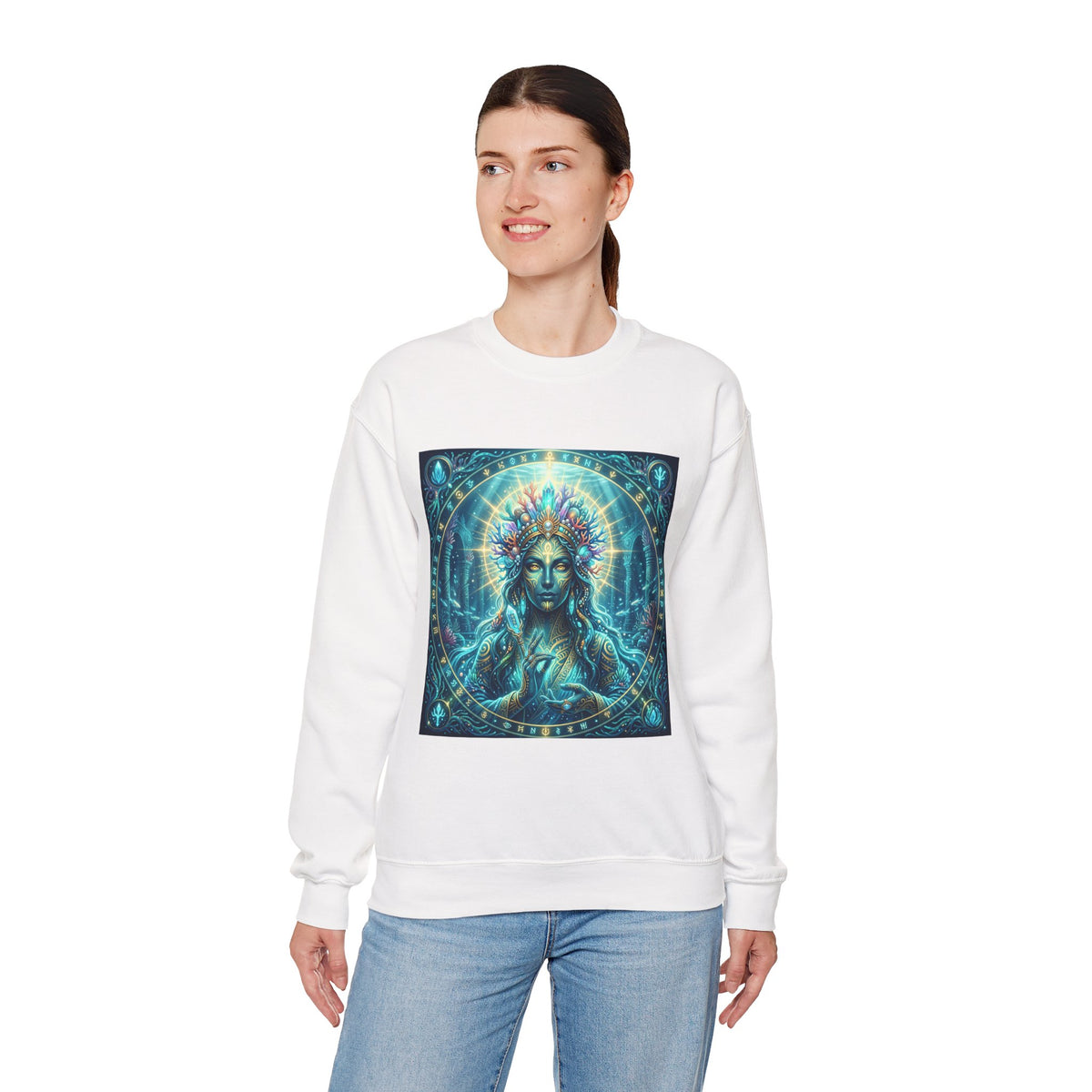 Mystic Goddess Crewneck Sweatshirt — Neon Spiritual Art Pullover