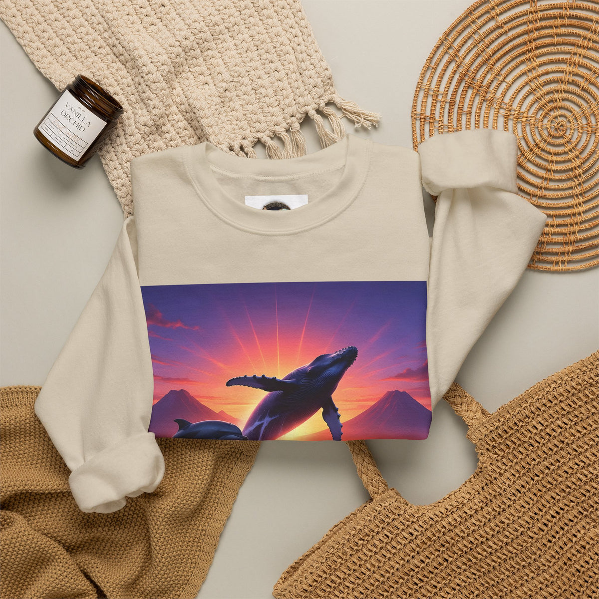 Whale Sunset Crewneck Sweatshirt — Ocean Dolphin Jump Graphic