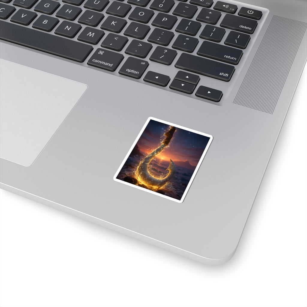 Golden Fishing Hook Sticker — Glowing Ocean Sunset Kiss-Cut Decal