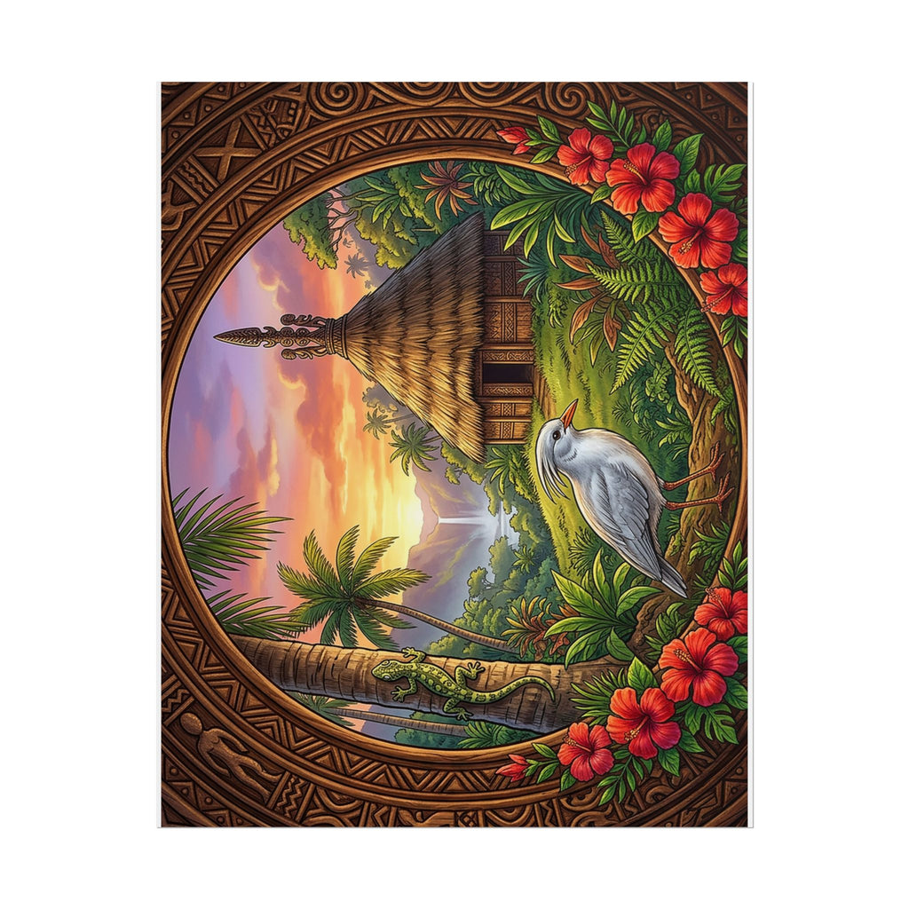 Tropical Sunset Rolled Poster — Pacific Fall Scene with Egret & Hibiscus