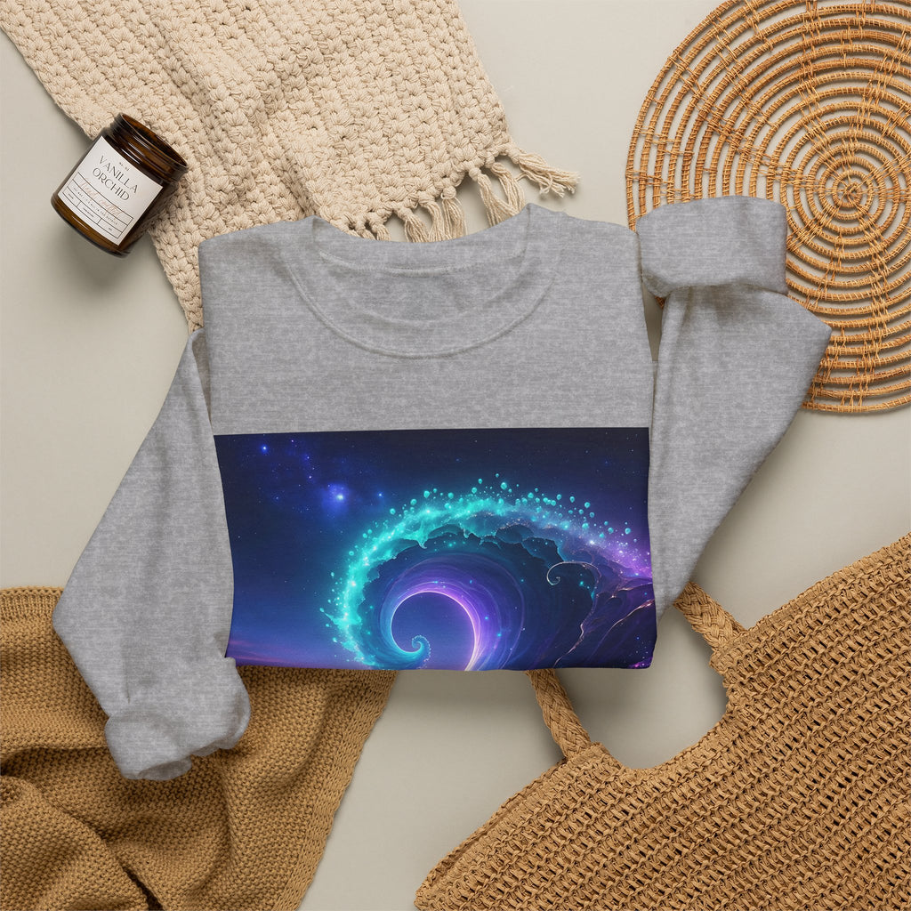 Cosmic Wave Crewneck Sweatshirt — Galaxy Spiral Graphic