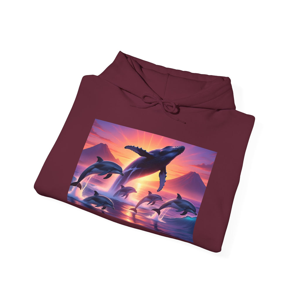 Dolphin Sunset Hoodie — Majestic Jump Ocean Graphic Sweatshirt