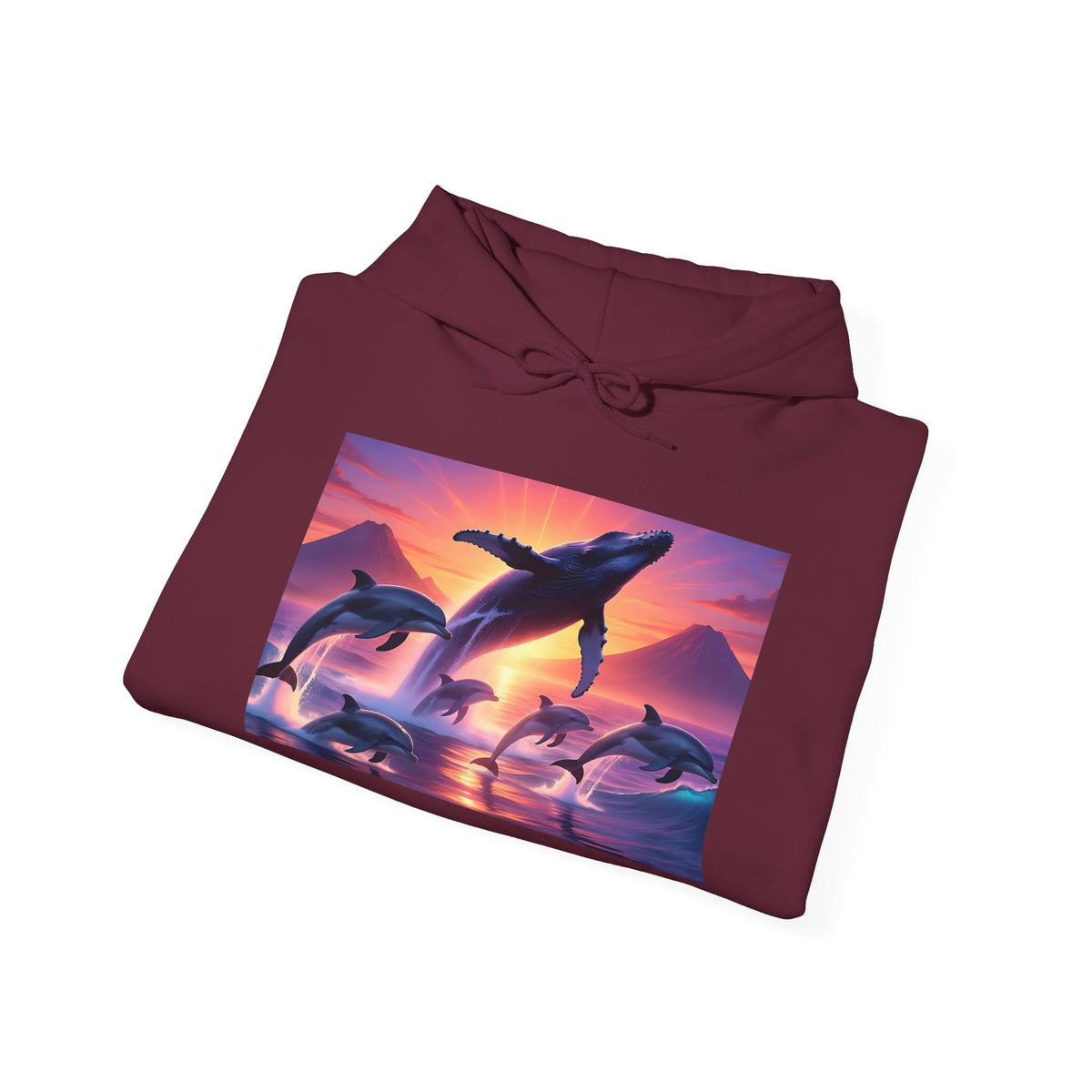Dolphin Sunset Hoodie — Majestic Jump Ocean Graphic Sweatshirt
