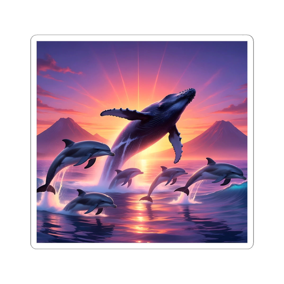 Whale & Dolphin Sunset Sticker — Ocean Sunrise Kiss-Cut Decal for Laptops & Water Bottles