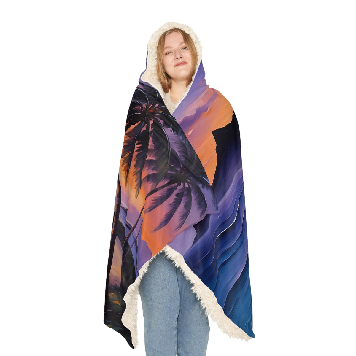Tropical Sunset Snuggle Blanket – Hooded Beach Throw with Palm Trees