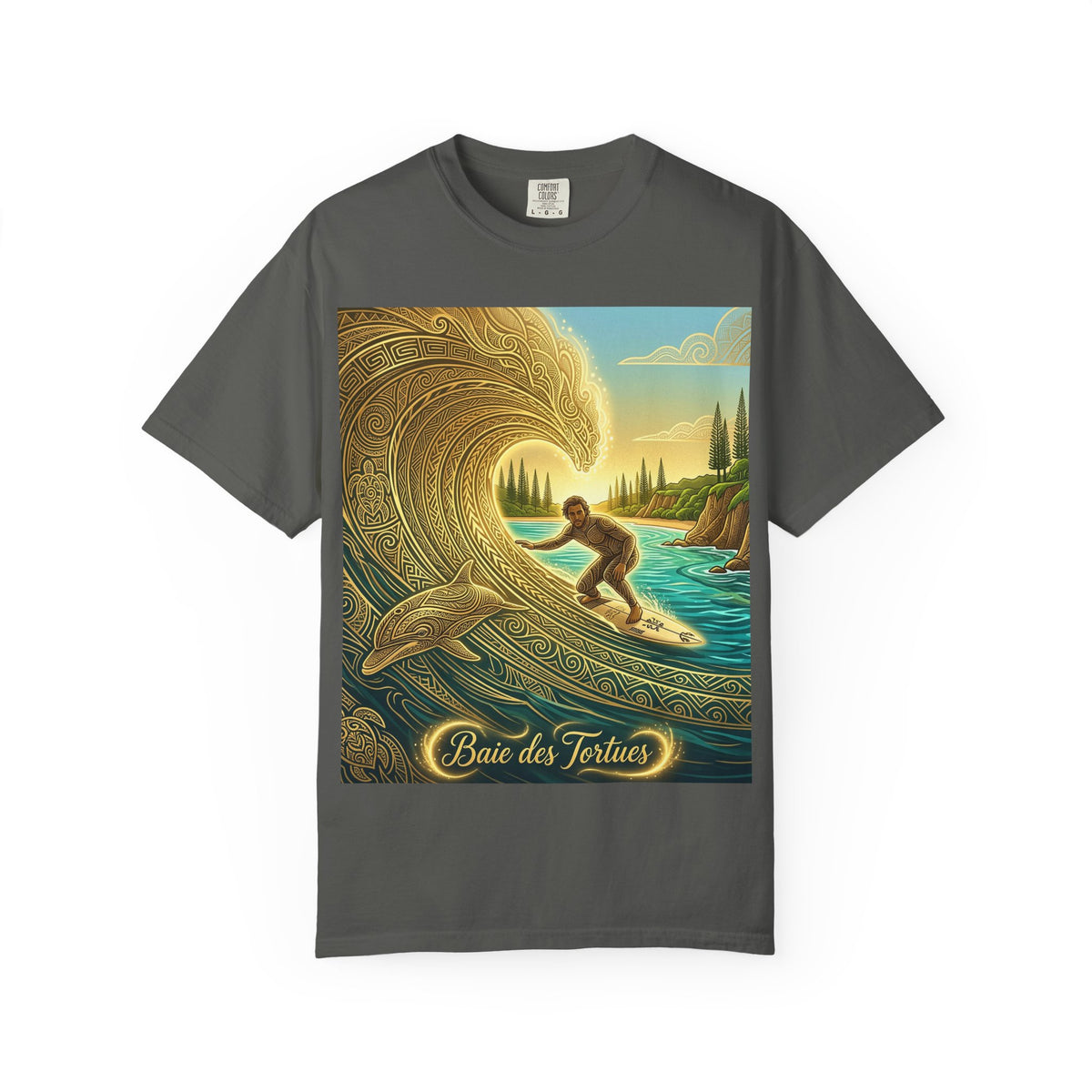 Surfer and Dolphin Wave T-Shirt | Vintage Coastal Surf Art