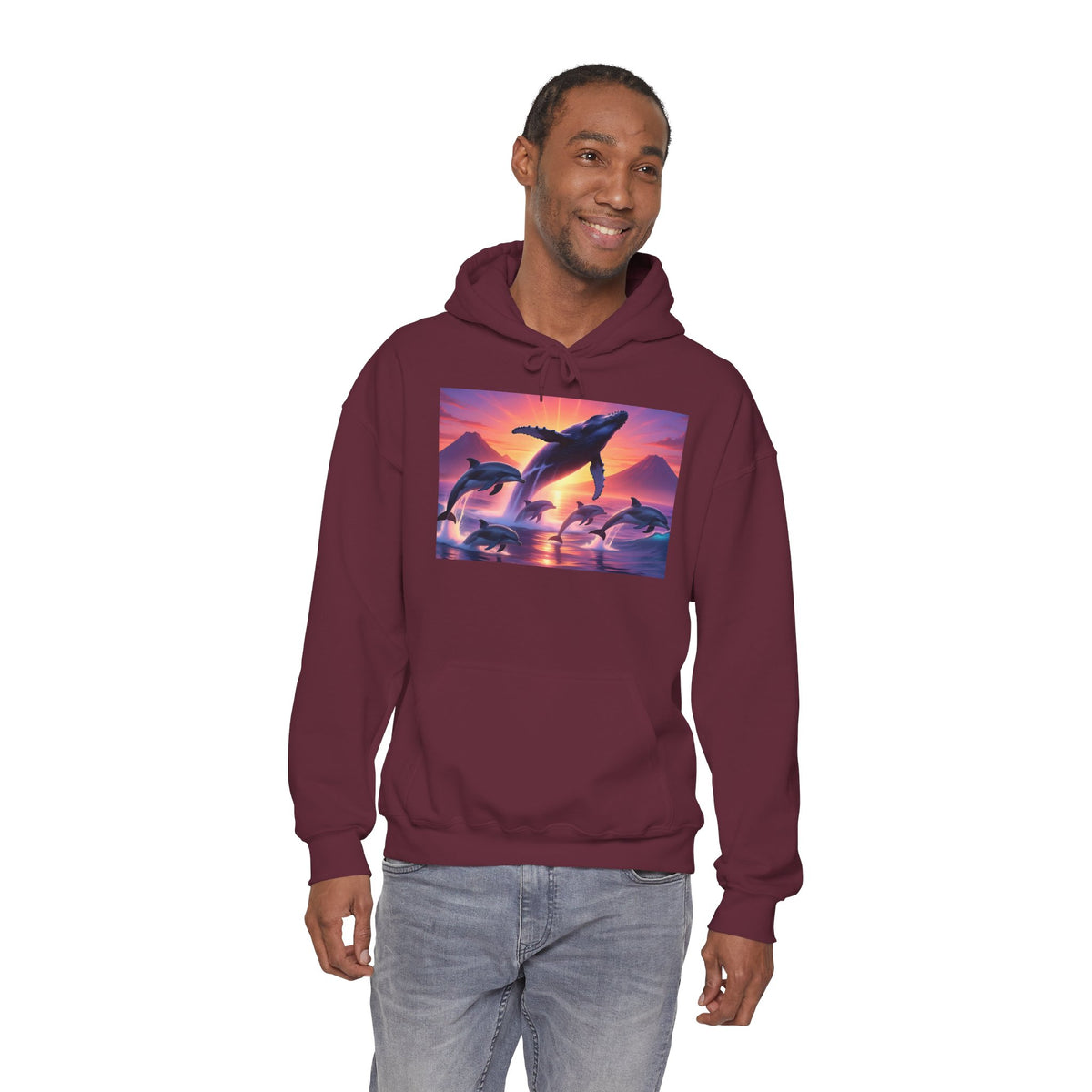 Dolphin Sunset Hoodie — Majestic Jump Ocean Graphic Sweatshirt